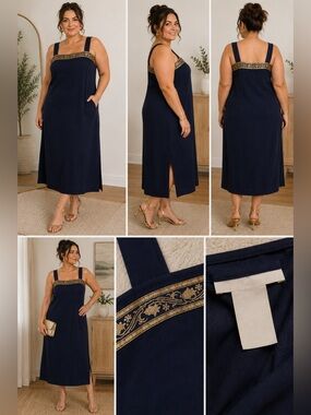 Vintage Y2K Dana Kay Navy Gold Trim Midi Shift Dress 14W